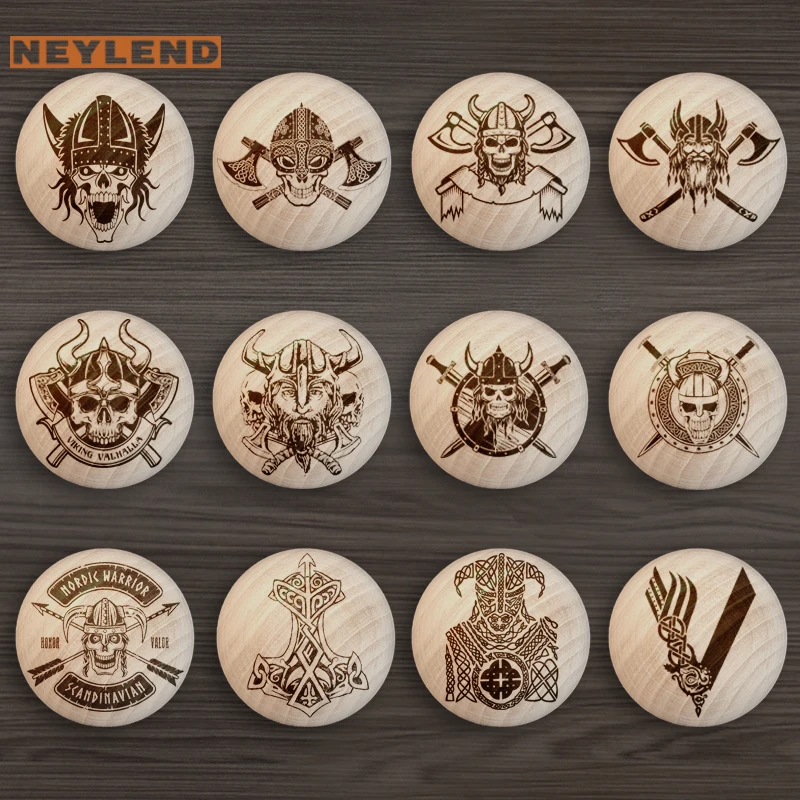 

New Engraved Wooden Drawer Handle Viking Style Design Nature Wooden Knobs Single Hole Beech Circular Cabinet Pulls Hardware