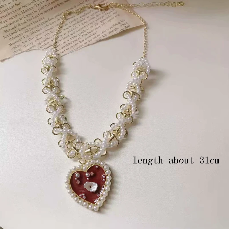 

Vintage Romantic Choker Weave Pearls Red Love Heart Short Chain Rhinestone New Necklace For Women Girls Party Jewelry Gifts