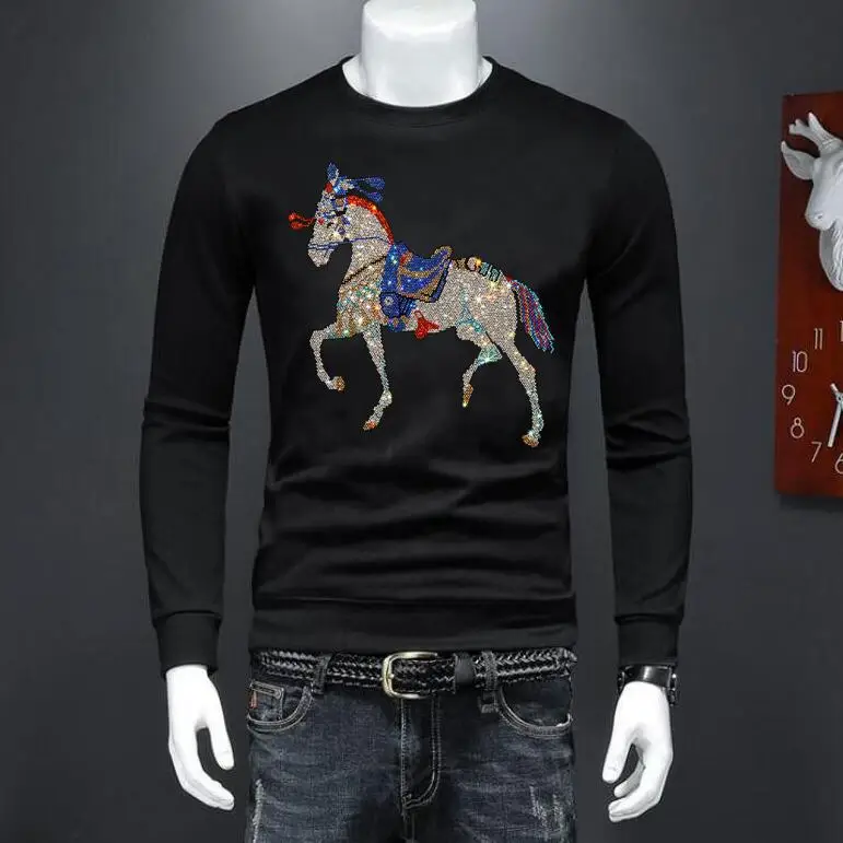 

Men hoodies long Sleeve Casual Male Rhinestones horse slim fit Homme Top hoody