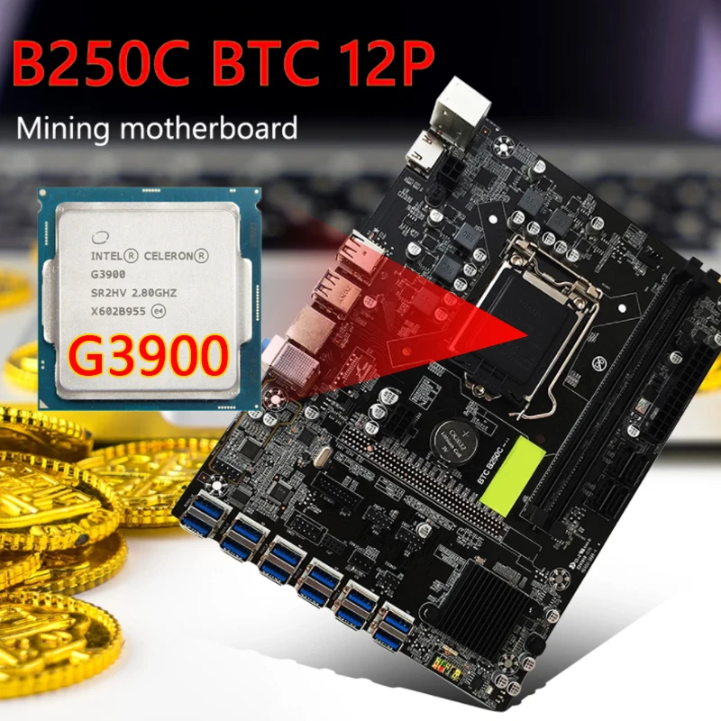 

B250C BTC Mining Machine Motherboard 12 USB 3.0 to PCI-E Graphics Card With CPU G3900 Support LGA 1151 DDR4 SATA 3.0 for Miner