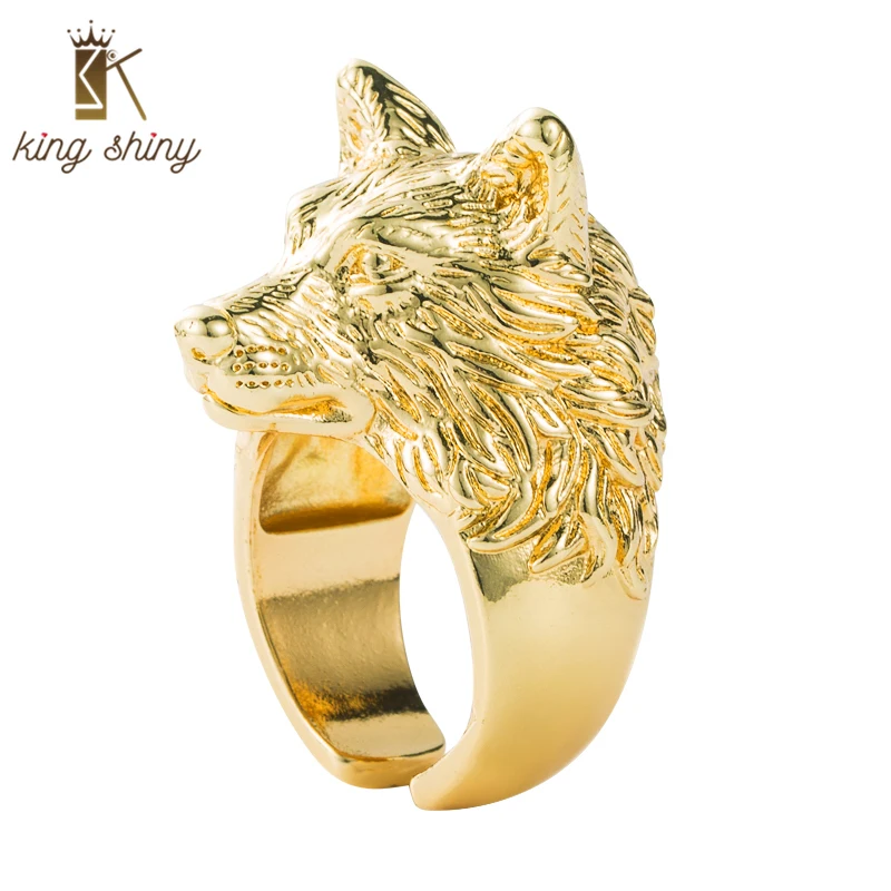 

King Shiny Punk Wolf Copper Open Rings for Man Luxuy 18K Gold Plated Animals Resizable Finger Ring Birthday Party Gift for Lover