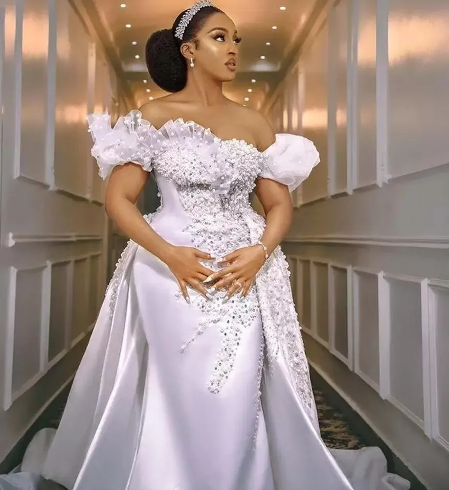 Женское свадебное платье с жемчугом невесты со съемным шлейфом и открытыми