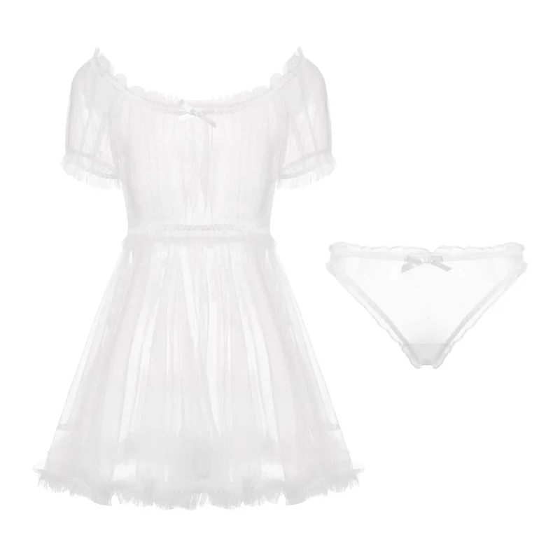 

Sexy Strapless Pajamas Women's Summer Thin Transparent Tops Gauze Attractive Home Clothes Temptation Women Pajamas Set