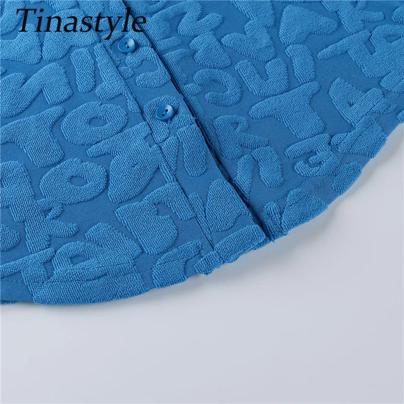 

Tinastyle Autumn Long Sleeve Blouse Women's Crop Top Blue Turn-down Collar Short Shirt Femme Casual Slim Party Club Blousa Tees