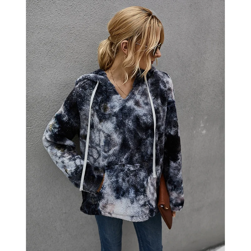 

Autumn Winter Coat V-Neck Hoodies Pocket Long Sleeve Casual Loose Pullover Warm Thick Tie-Dye Sweatshirt