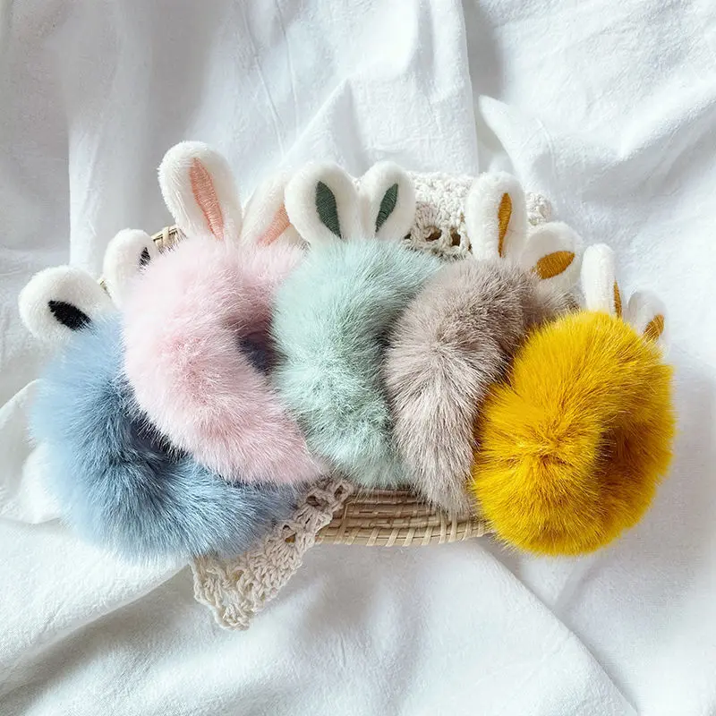 

New Fashion Women Faux Fur Scrunchies Elastic Handmade Hair Bands Rabbit Ears Plush Ponytail Holder Headband Hair Accessories