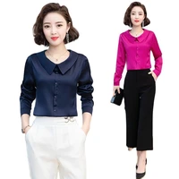 peter pan collar silk shirt 2021 luxury lantern sleeve glossy satin women designer blouses slim office ladies solid color tops