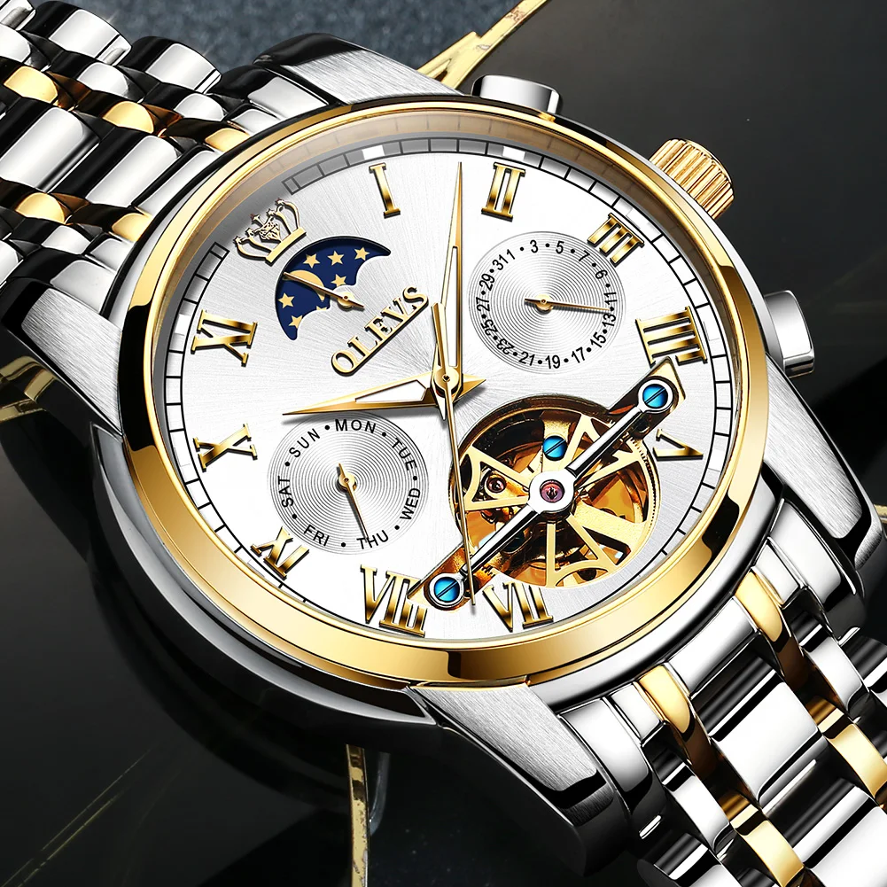 OLEVS Мужские автоматические наручные часы с турбийоном механические из