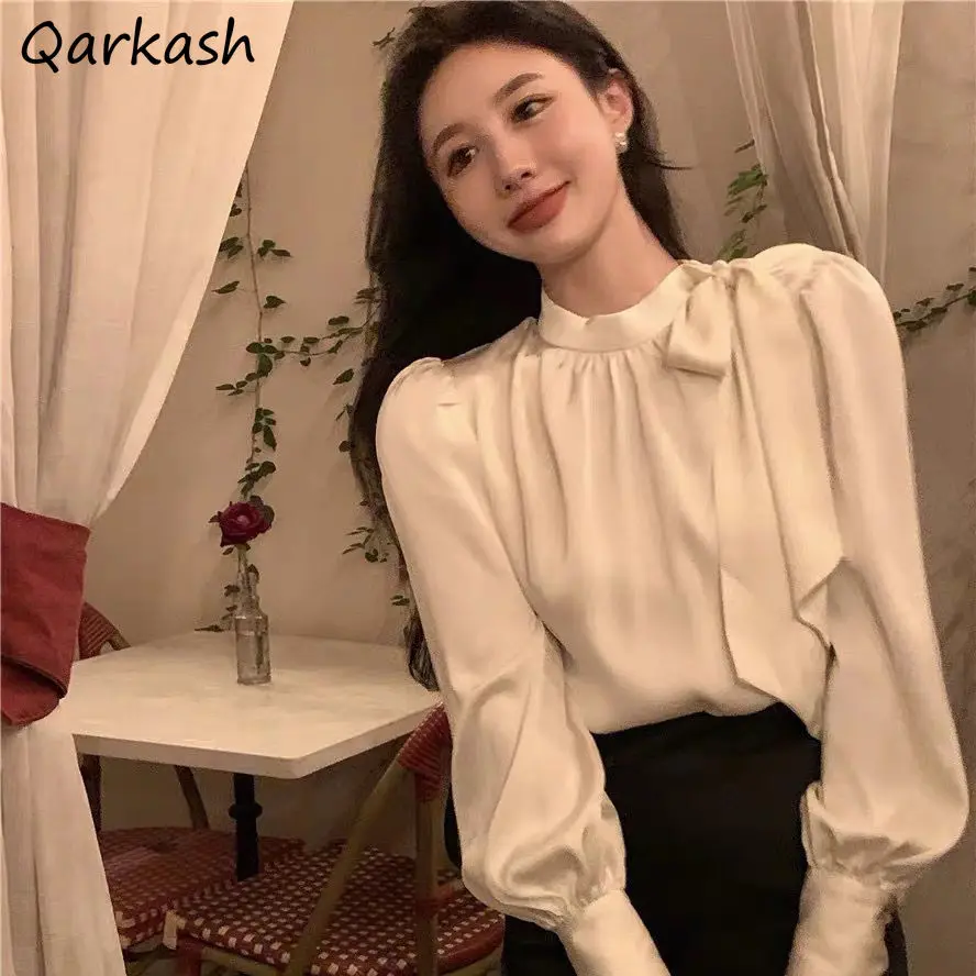 

Blouses Women Bandage Elegant Solid Design French Style Loose Spring Retro Temperament Tops Blusas Leisure Feminino Tender Soft