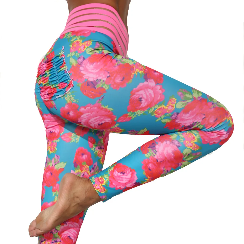 

1216SJ fitness high waist hip lifting flower Leggings custom logo print on product and package from 1pc dropship