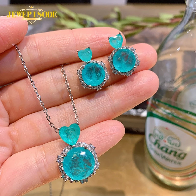 

Jewepisode 925 Sterling Silver Round Cut Paraiba Tourmaline Emerald Gemstone Ring Pendant Necklace Party Jewelry Sets Wholesale