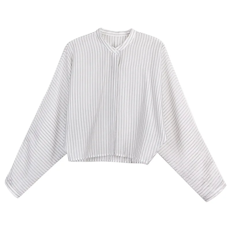 

Summer new style striped sunscreen shirt niche tencel stand-up collar thin section Hong Kong style top women