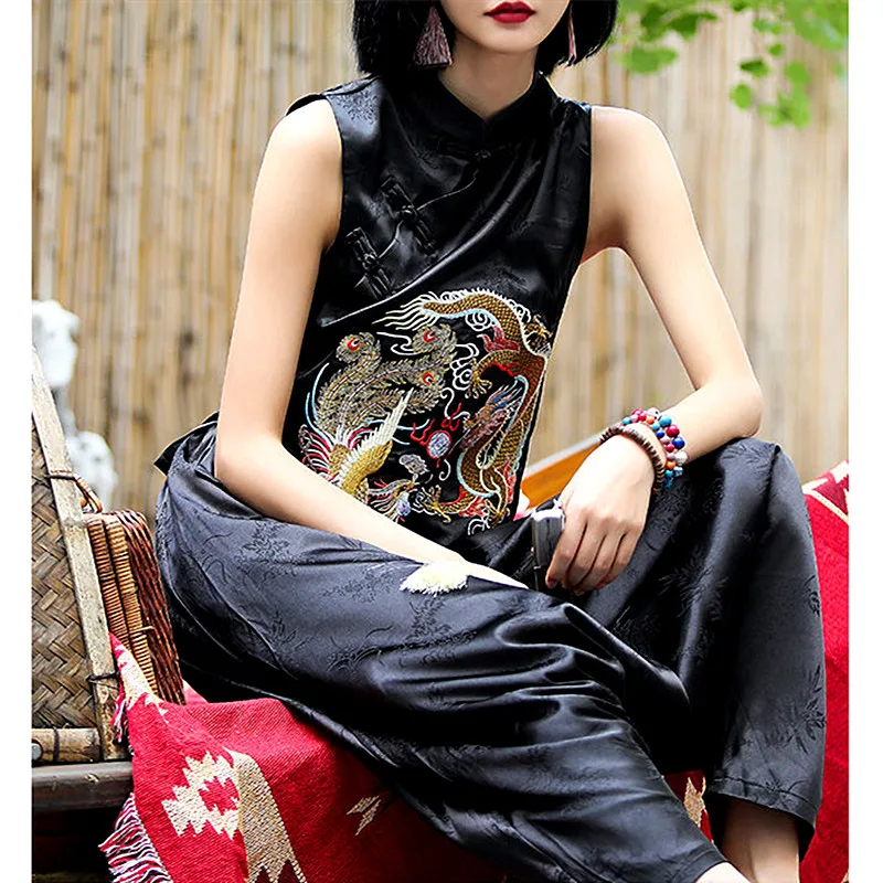 

Women chinese style sleeveless tops qipao vest women floral embroidery blouse traditional summer outerwear blouses Tops SY241