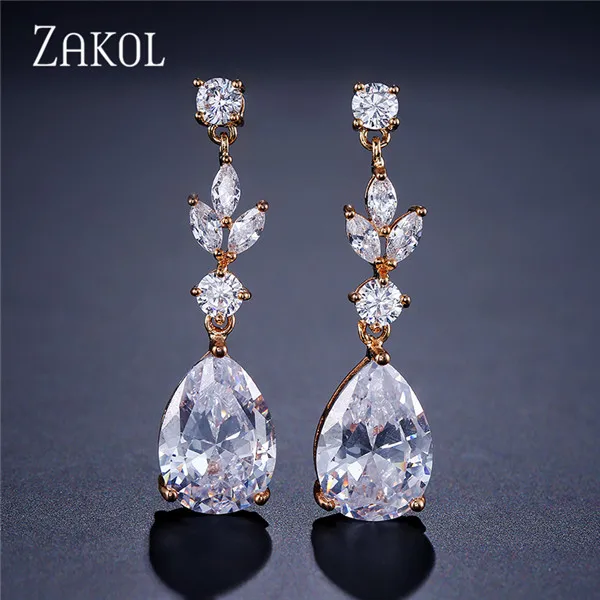 Gold Color ZAKOL Мода AAA кубический циркон Висячие серьги для женщин белый цвет листьев Свадебные украшения с фабрики FSEP4004 - Окраска металла: Gold Color