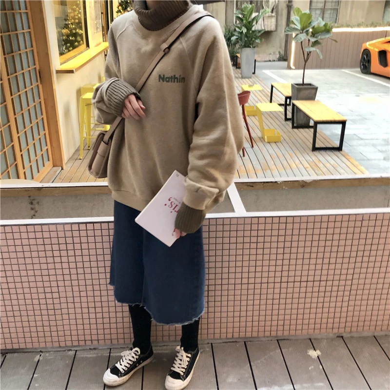 

Oversize Hoodie Sweatshirt Hoody Clothes New Female Streetwear Size Top Loose Stitching High Collar Plus Velvet Thick Coat 2020