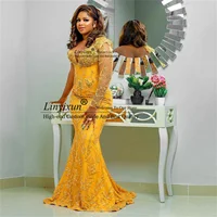Yellow Mermaid Prom Dresses With Sequined Lace Beaded Sheer Neck Long Formal Evening Gown Plus Size Court Train Robe De Soriee