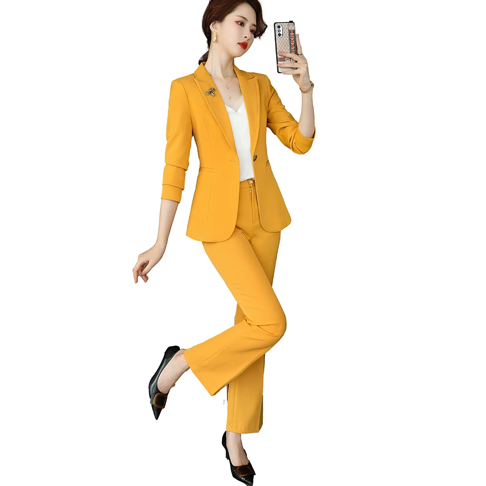 2021 New Yellow Black Women's Pants Suit 2 Pieces Set Formal Elegant Ladies OL Blazer Female Jacket + Trousers Plus Size S-4XL