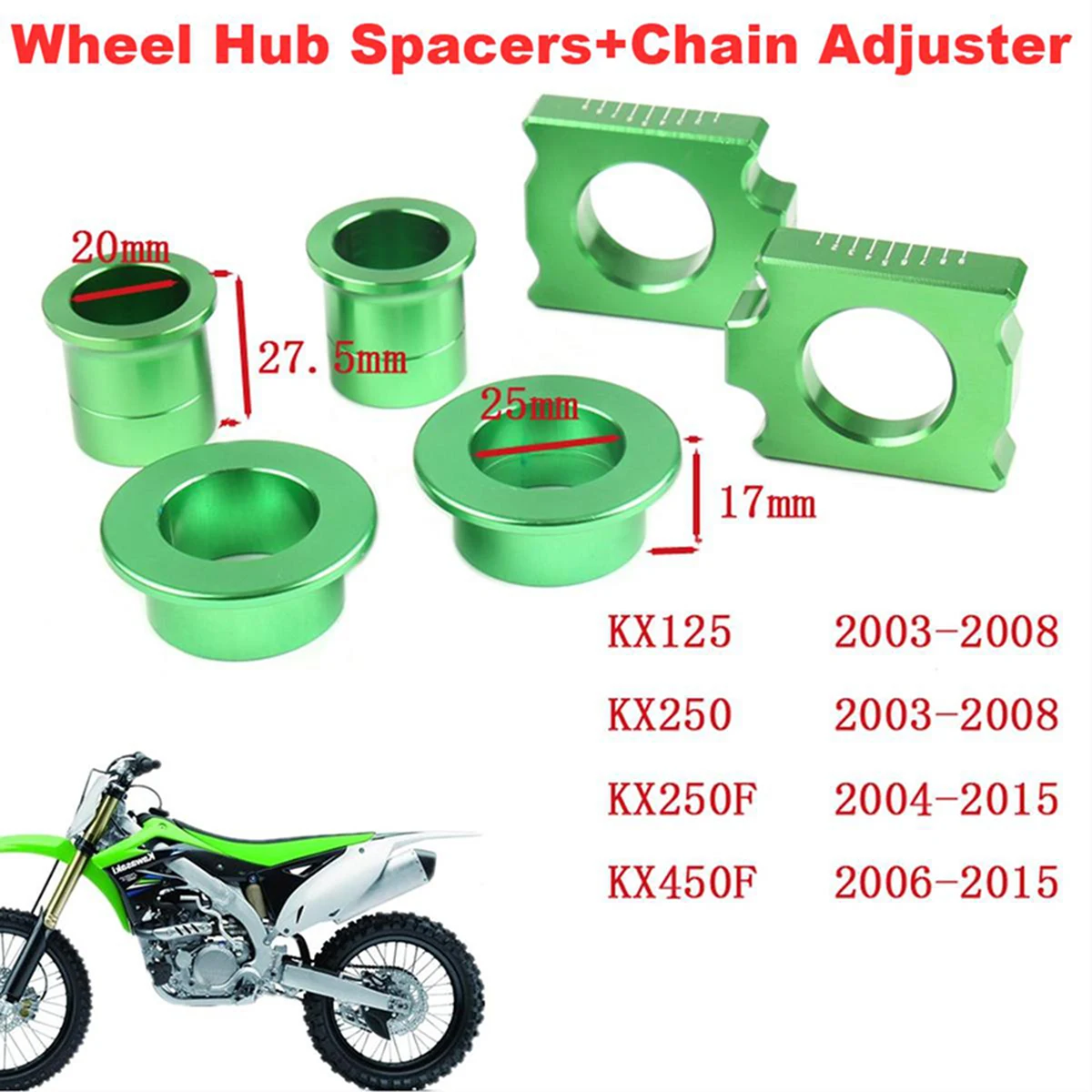 

CNC Front Rear Billet Wheel Hub Spacers Chain Adjuster Axle Block For KX125 KX250 KXF250 KXF450 Off-Road Motorcycles