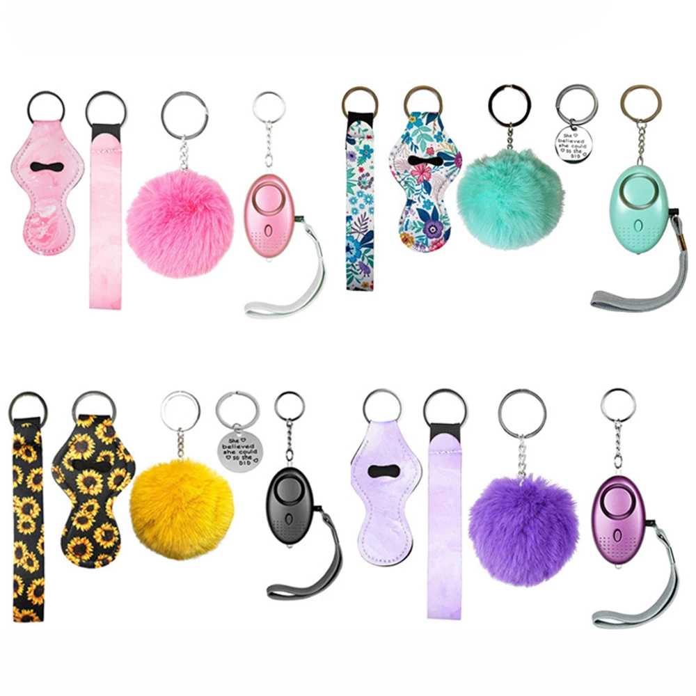 

4pcs Self Defense Ring Keychain For Women Portachiavi Donna Alarm Tactical Pen Personal Defence Key Chain Set Girls Gifts Armas