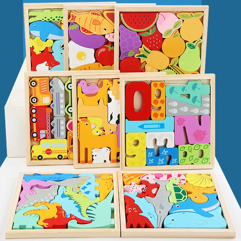 Children's Wooden Top Block Cartoon Animal Three-dimensional Jigsaw Puzzle Puzzle Early Education Grab Board Fruit and Vegetable