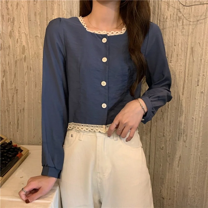 

Кружевная короткая рубашка с воротником, подходящий ко всему элегантный топ с высокой талией, кружевная рубашка, Новинка осени 2021 для женщи...