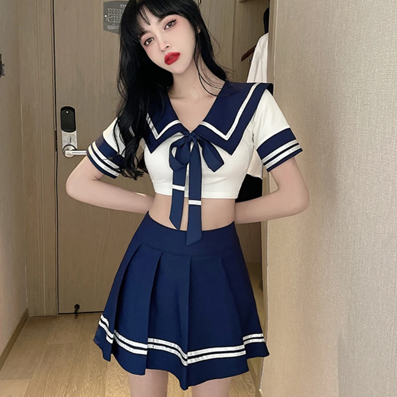

Preppy Style Two Piece Set Women Japanese 2021 Summer Short Sleeve Crop Tops And Mini Pleated Skirt 2 piece set Sexy Outfits
