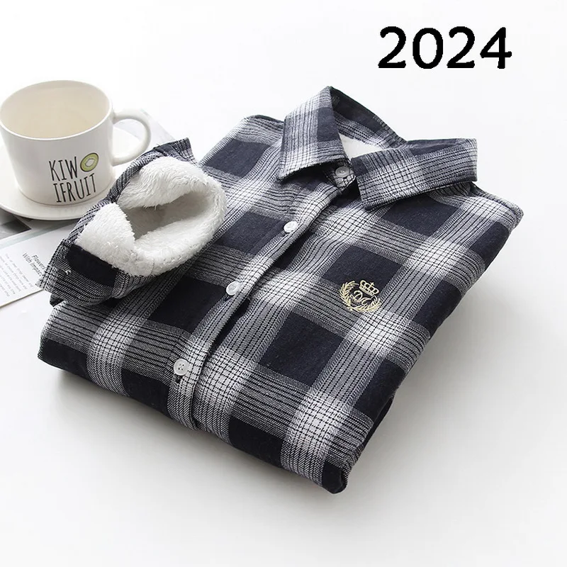 

Velvet Thick Warm Women's Plaid Shirt Female Long Sleeve Tops M-XXL Winter Fleece Casual Check Blouse Autumn Plus Size Clothes