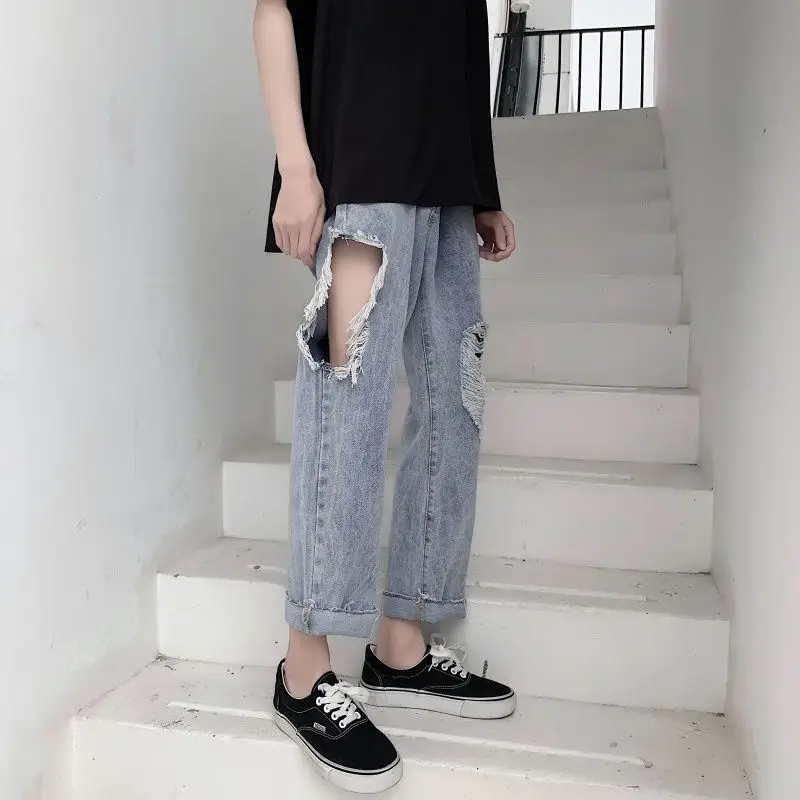 

Summer Ripped Jeans Men's Fashion Casual Straight Jeans Men Streetwear Korean Loose Hip-hop Tear Hole Denim Trousers Mens M-2XL