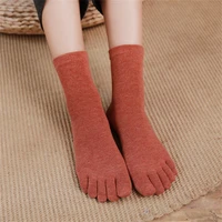 five finger socks womens thickened terry mid tube autumn and winter pure cotton warmth split toe socks solid color towel socks