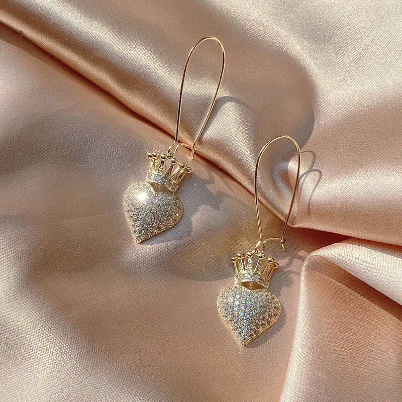 

Copper New cute Korean Heart And Crown Shape Long Drop Earrings 2020 ins Party Jewelry