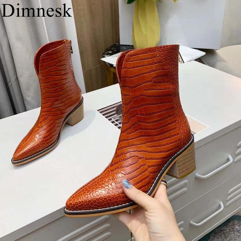 

Crocodile Pattern Real Leather Chelsea Boots Women Pointed Toe Chunky High Heel Ankle Botas Autumn Winter Short Boots For Ladies