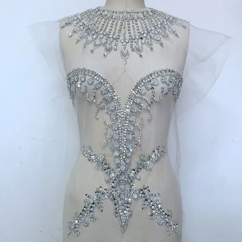 Deluxe Silver Rhinestone Applique, Wedding Bodice Heavy Beaded Lace Applique Sequins Dress Costume Accessories