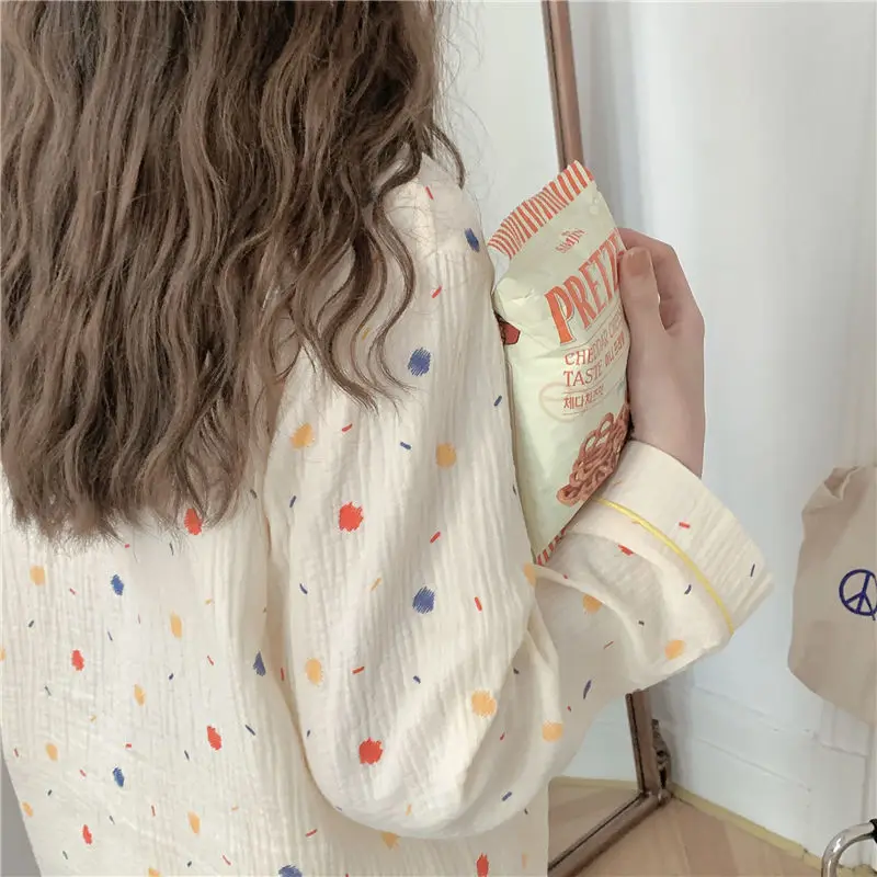 QWEEK Cotton Pijama Polka Dot Women's Pajamas Korean Sleepwear Long Sleeve Autumn Female Sets Pyjamas Negligee Cardigan Suit Pjs