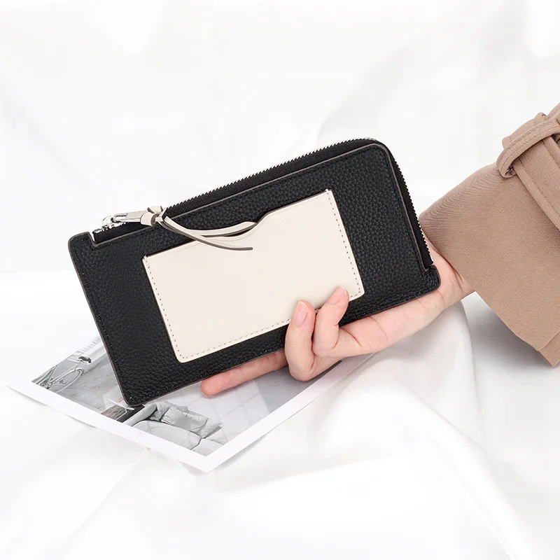 

Color Contrast New Women Wallets Long Genuine Leather High Quality Card Holder Multiple Card Slots Female Zipper Purse