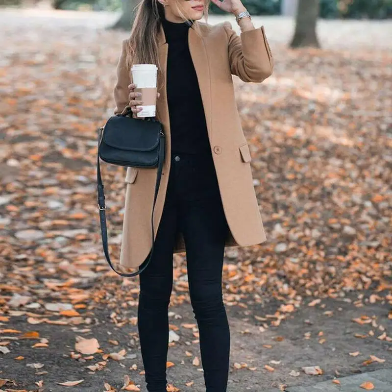 Осеннее и зимнее Новое Женское тонкое шерстяное пальто со стоячим воротником