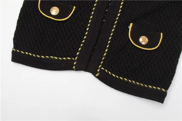 

Black Gold-buckled British Knitted Cardigan Women's Autumn Long Sleeve Hollow Out Sweater Jersey Pockets Casual Loose Jumper Top