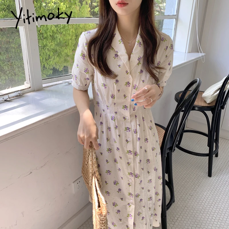 

Женское винтажное платье макси Yitimoky, летнее однобортное платье с цветочным принтом, коротким рукавом и отложным воротником в Корейском сти...