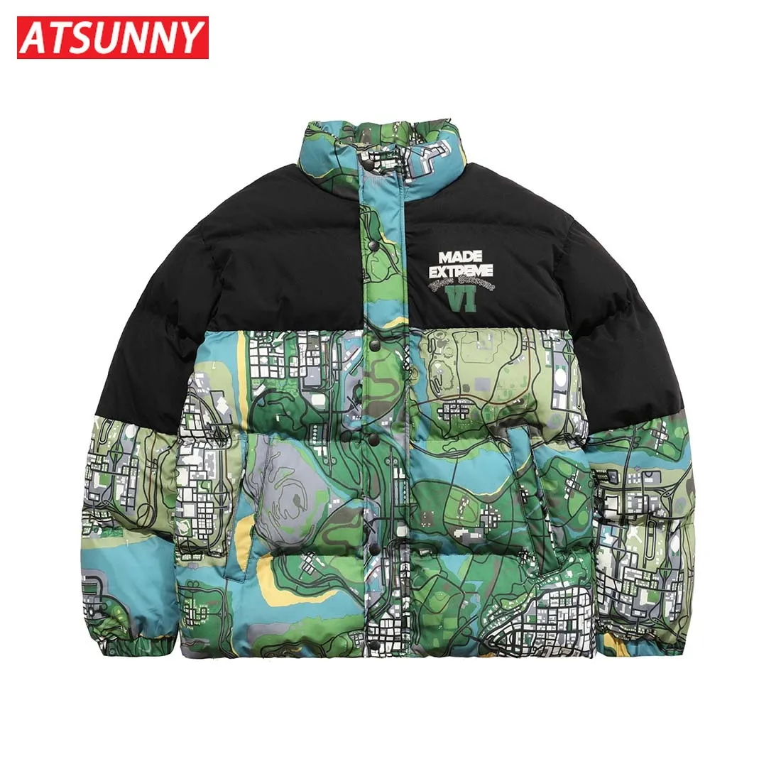 ATSUNNY Oversize Fashion cotton Coat Map digital print jacket stuffed cotton bread suit jacket Thicken Autumn and winter clothes