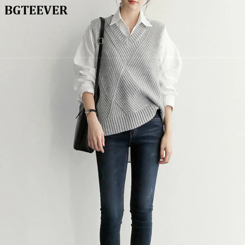 Autumn V-neck Sleeveless Women Pullovers Plaid Casual Knitted Tops Outerwear Vest Sweater Female Winter Warm Jumpers 2019 | Женская