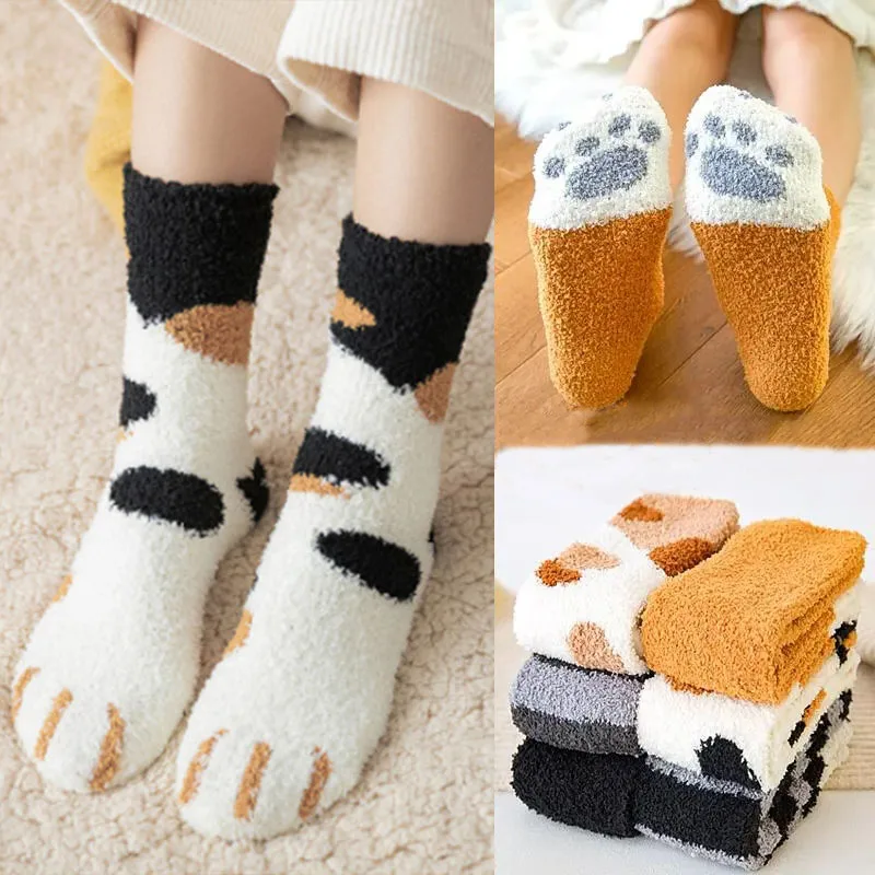 

Women Funny Socks Cute Cat Paw Winter Warm Fuzzy Thicken Cotton Plush Female House Floor Sleeping Cartoon Calcetines Skarpetki