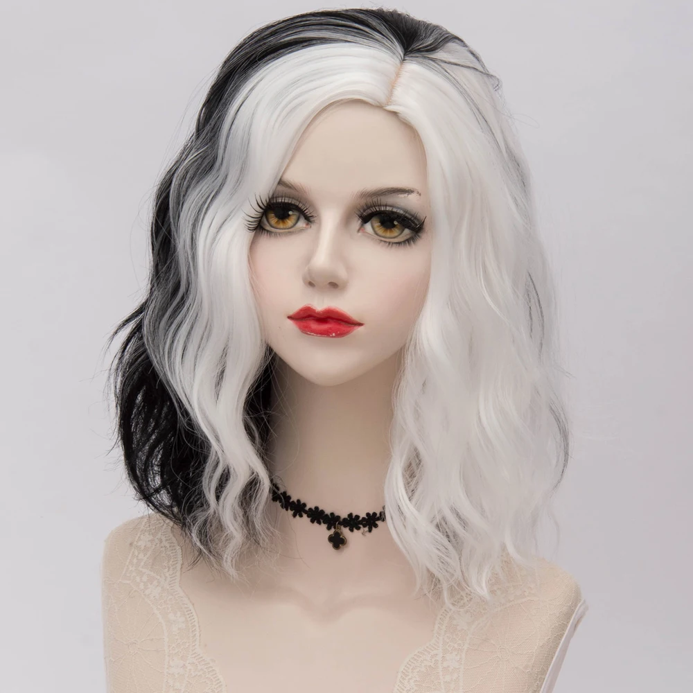 black white wig Косплей микс 35 см многоцветный Лолита косплей пушистый кудрявый Хэллоуин Радужный Омбре синтетический парик+ Кепка - Цвет: black white wig