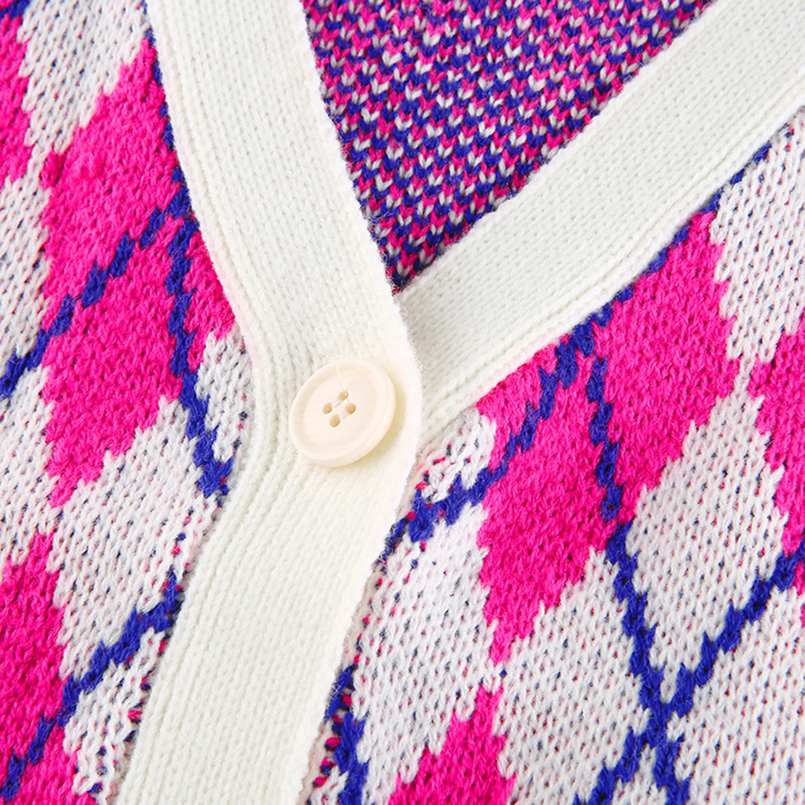 

2021 Spring Fashion Women's Argyle Pattern Open Stitch Crop Top Loose Long Sleeve V-neck Single-breasted Short Cardigan