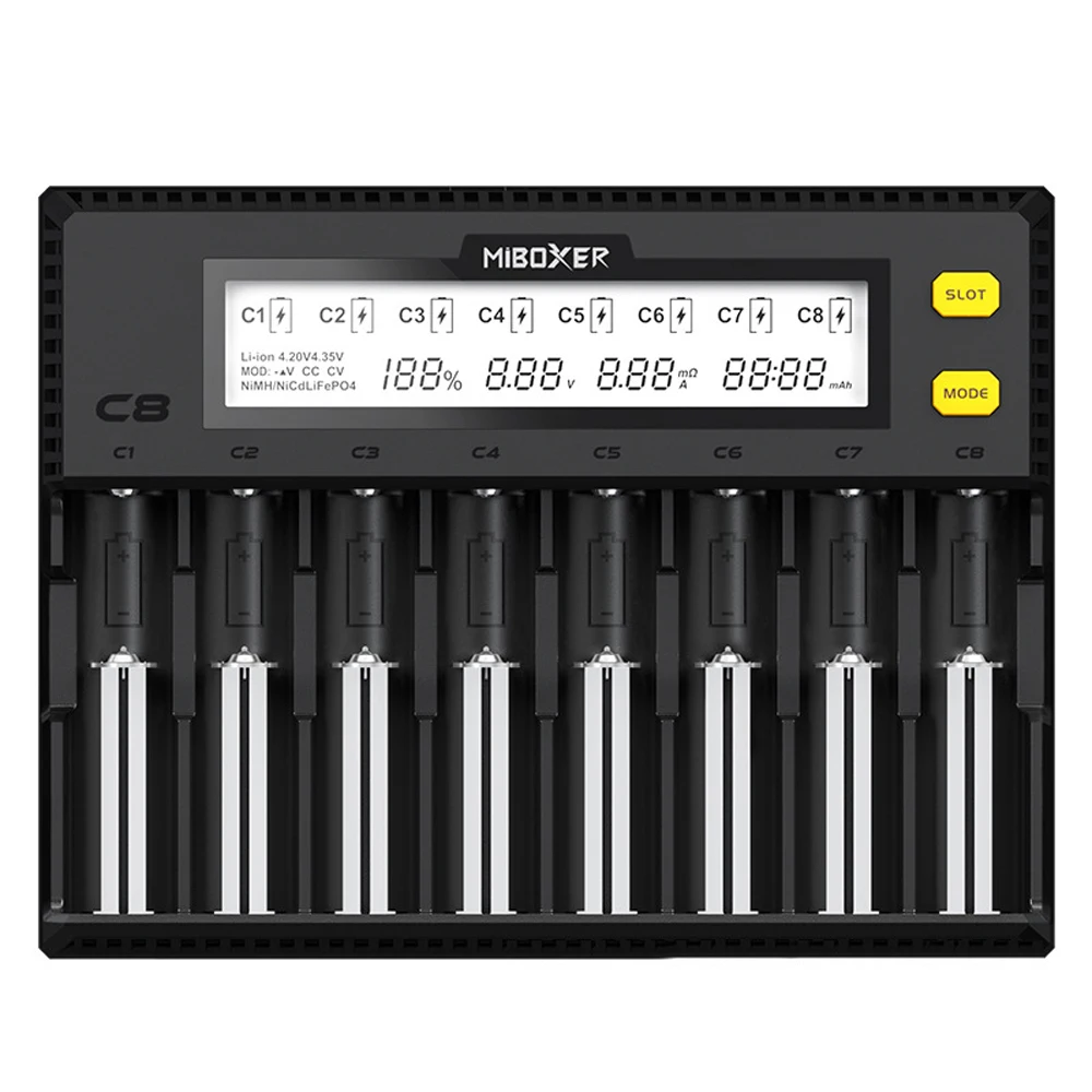 

Умное Универсальное зарядное устройство MiBOXER C8 с ЖК-дисплеем, 1,5 А, 8 отсеков, совместимое с Li-Ion LiFePO4 Ni-MH AA 21700 20700