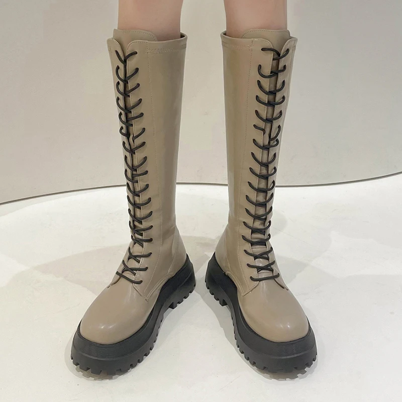 

Rimocy Autumn Platform Women's Knee High Boots 2021 Fashion Thick Bottom Lace Up Shoes Woman Back Zipper Motorcycle Boots Ladies