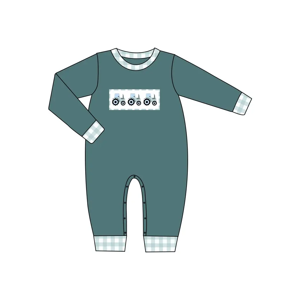 Ropa de oto&ntilde;o para ni&ntilde;os, Top de manga larga azul y pantalones a cuadros blancos, tres patrones de bordado de Tractor-2