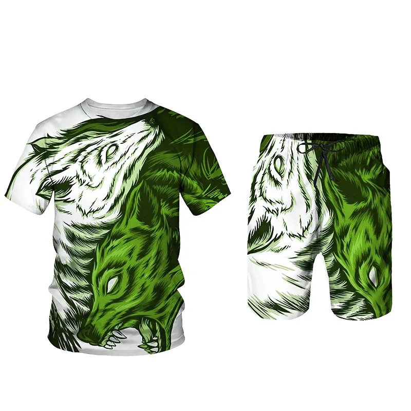 

Men's Beach T-Shirt Shorts 2-Piece Wolf Pattern 3D Printing Sweat Absorption Loose Seaside Bonfire Party Fashion Oversize New