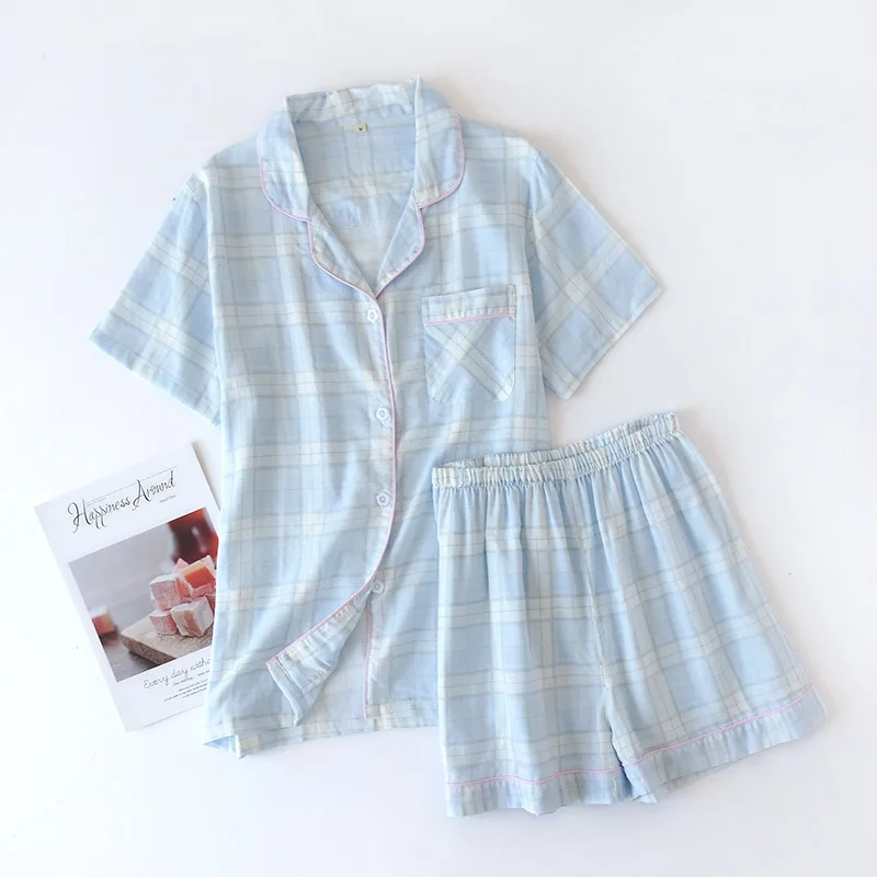 Summer Couple Pajamas Set Pure Cotton Gauze Simple Plaid Men/women Short Sleeved Sleepwear with Shorts Loose Comfy Home Wear