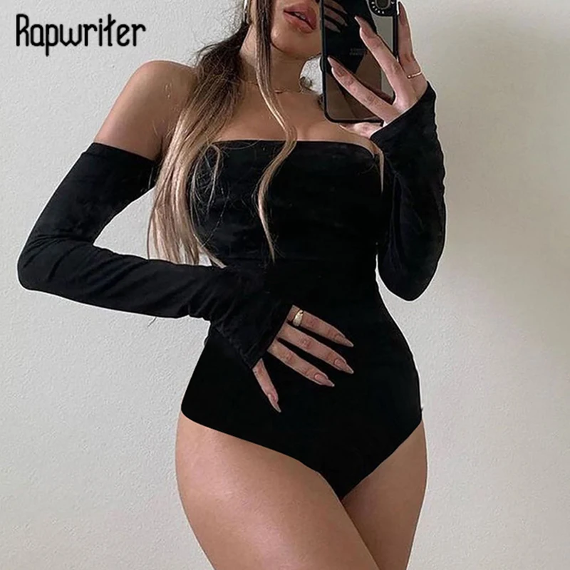 

Rapwriter Sexy Off Shoulder Bodysuit Women Skinny Black Playsuit With Glove Sexy Backless Stretch Fitness Romper Party Nightclub
