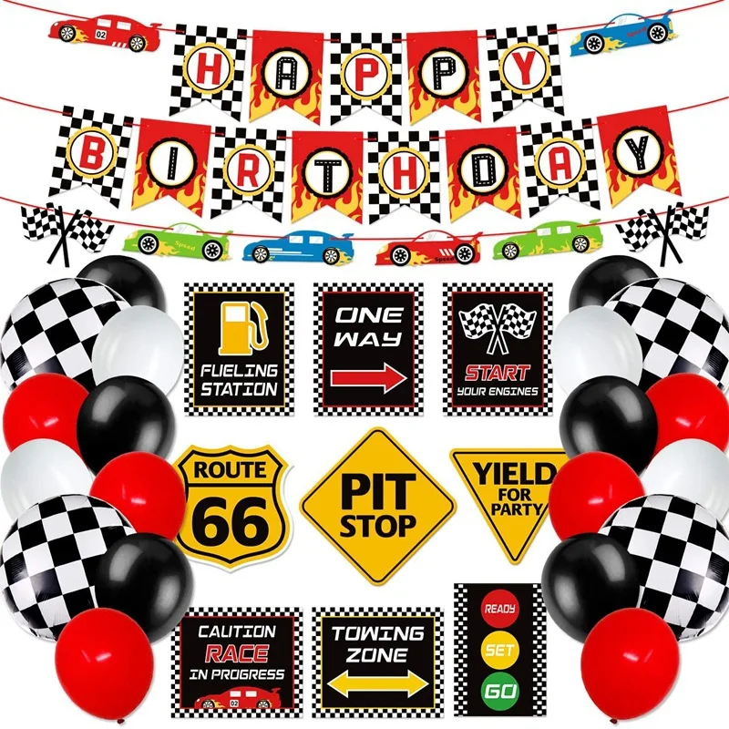 Conjunto de decoraci&oacute;n con tem&aacute;tica de coches de carreras, cartel Indicador de feliz cumplea&ntilde;os, fiesta, banderines, globos, tel&oacute;n de fondo-0