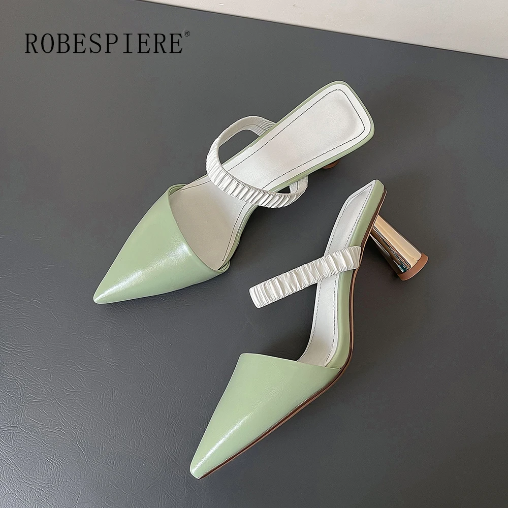 

ROBESPIERE-2021 New Style Baotou Pointed Thick Heel Electroplated Heel Butter Leather French Sexy Leather Women's Shoes-A26